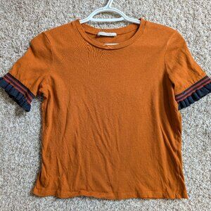 Zara Baby Tee with Ruffled Sleeves, Orange and Navy Size S